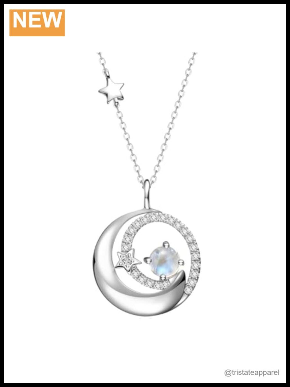 Sterling Silver Moon Star Birthstone Necklace White Gold Plated